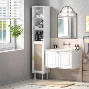 HOMCOM White 66.9" Bathroom Accent Storage Cabinet w/3-Shelves and Rattan Door