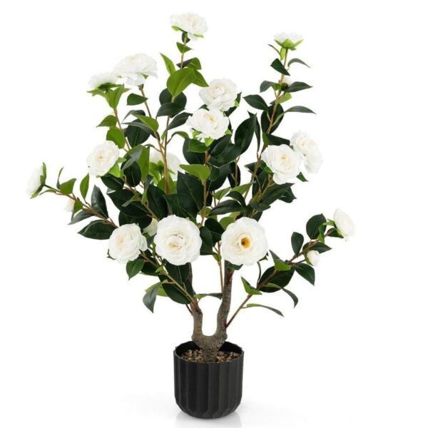 38 in White Artificial Camellia Tree Topiary Faux Plant in Pot for Dcor