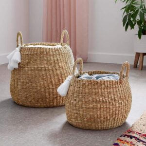 StyleWell Round Natural Water Hyacinth Decorative Baskets White Tassels Set of 2