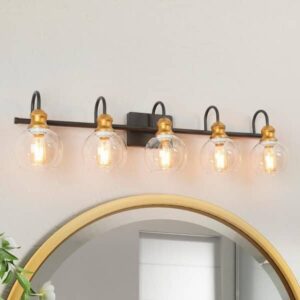 LNC 35.5 in. 5-Light Aged Brass Vanity Light Black Linear Frame Modern Glass