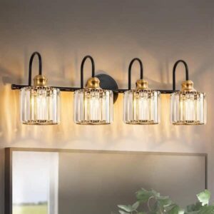 RRTYO Avenlur 29.5 in. 4-Light Black Gold Glam Linear Cluster Crystal Bathroom V