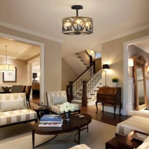 TOZING 13 in. 3-Light Black Cage Drum Semi-Flush Mount Ceiling Light Fixtures In