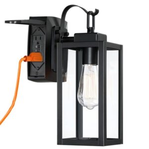 Uixe 1-Light Matte Black Outdoor Wall Lantern Sconce Clear Glass GFCI Outlets