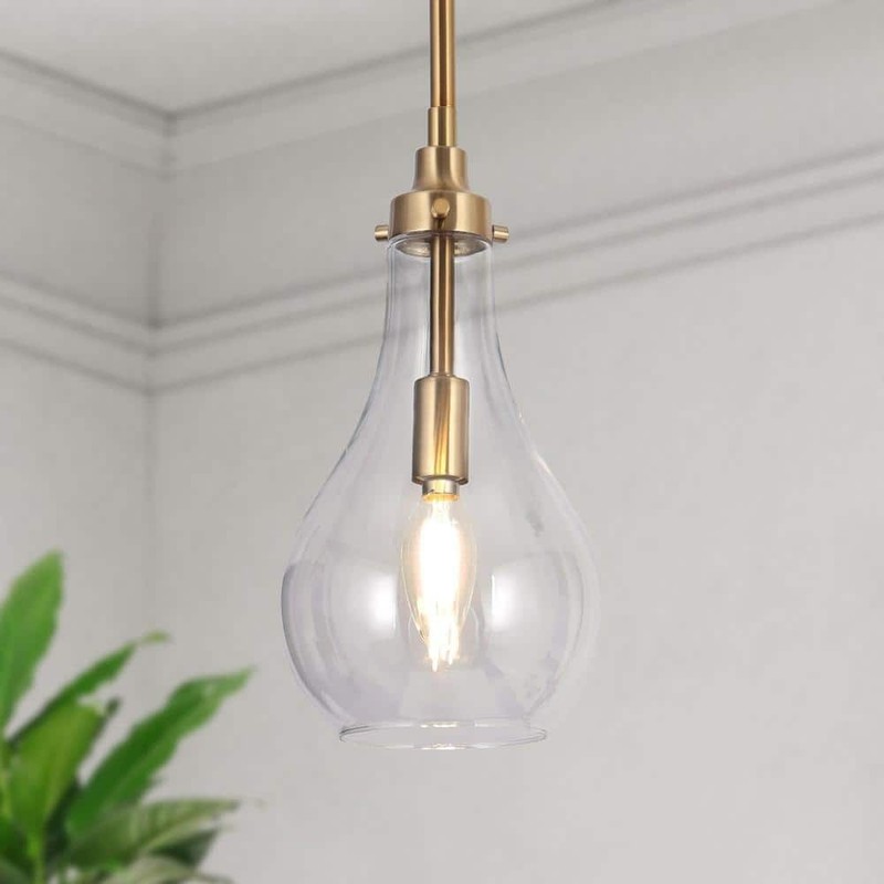 Uolfin Teardrop Pendant Light 1-Light Brass Gold Dome Clear Glass Shade