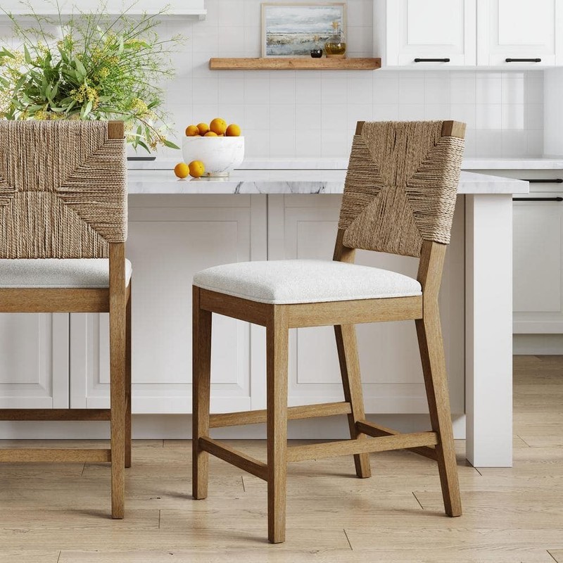 Nathan James Beacon 24" Boucle Wood Counter Height Bar Stool, Cream/Brown, 2 pcs