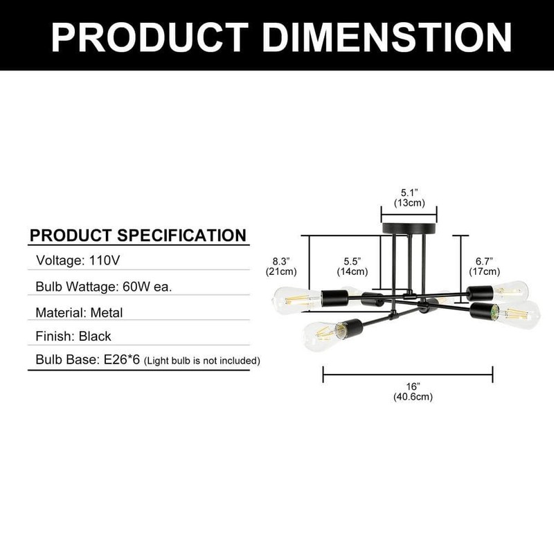 YANSUN 6-Light Black Sputnik Modern Semi Flush Mount Ceiling Light Fixture - Image 3
