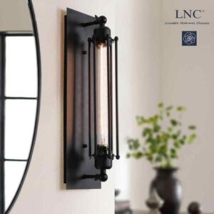 LNC Modern Industrial black 1-light wall sconce w/cage for hallway & dry areas.