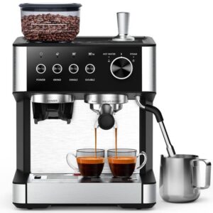 COWSAR 2-Cup Silver Stainless Steel 15 Bar Espresso Machine with Grinder