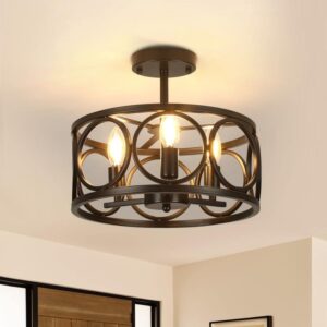 TOZING 13 in. 3-Light Black Cage Drum Semi-Flush Mount Ceiling Light Fixture