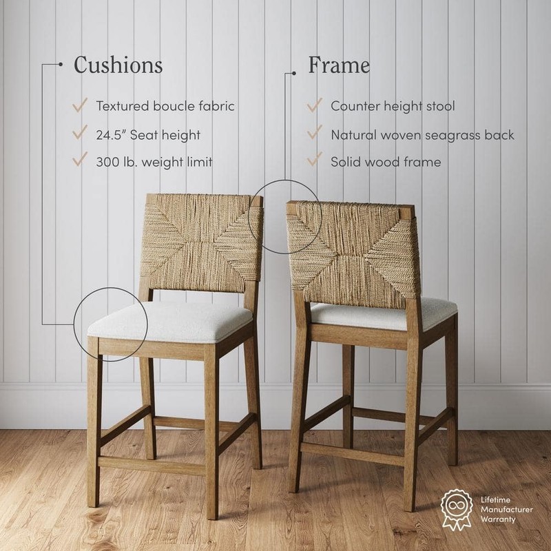 Nathan James Beacon 24" Boucle Wood Counter Height Bar Stool, Cream/Brown, 2 pcs - Image 585
