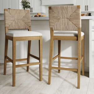 Nathan James Beacon 29" Boucle Wood Bar Stool, Cream/Light Brown, Set of 2