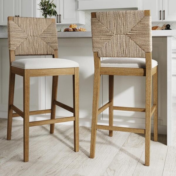Nathan James Beacon 29" Boucle Wood Bar Stool, Cream/Light Brown, Set of 2