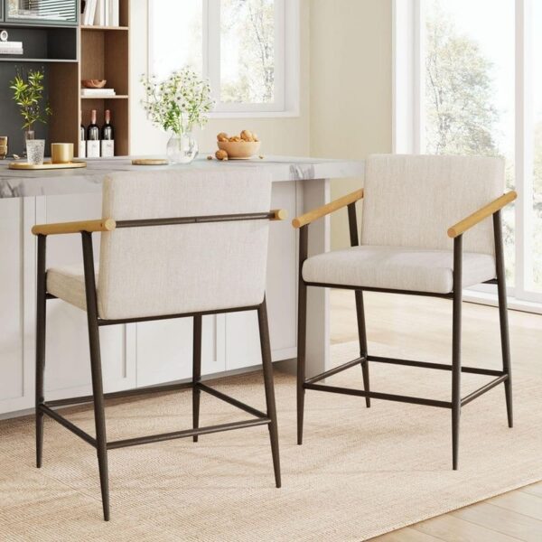 CHRISTOPHER KNIGHT HOME Bianca Beige Upholstered Mid-Century Counter Stools 2-Pk