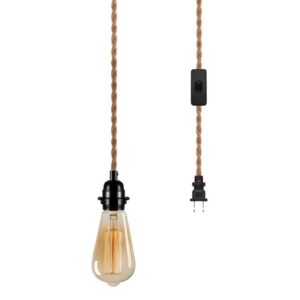 YANSUN 1-Light Vintage Plug-In Hanging Pendant with Hemp Rope and Black Socket
