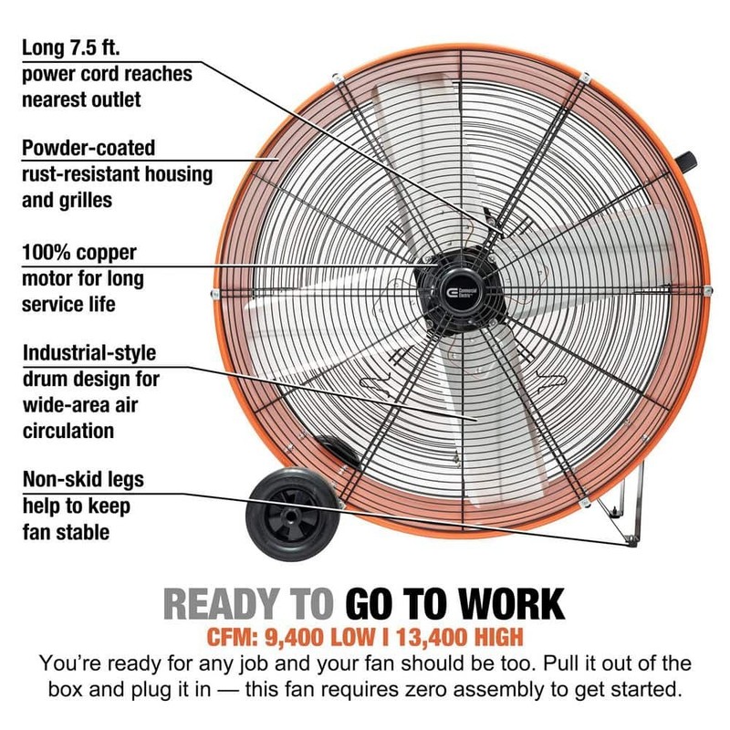 Commercial Electric 30 in. 2-Speed Heavy Duty Drum Fan in Orange with Wheels - Image 7