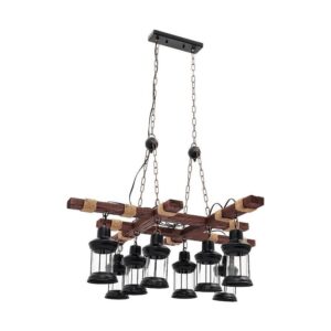 OUKANING 39 in. 8-Light Vintage Industrial Brown Wooden Farmhouse Chandelier