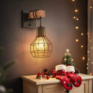 TOZING 8.66" 1-Light Vintage Wooden Rustic Dimmable Wall Sconce Black Shade