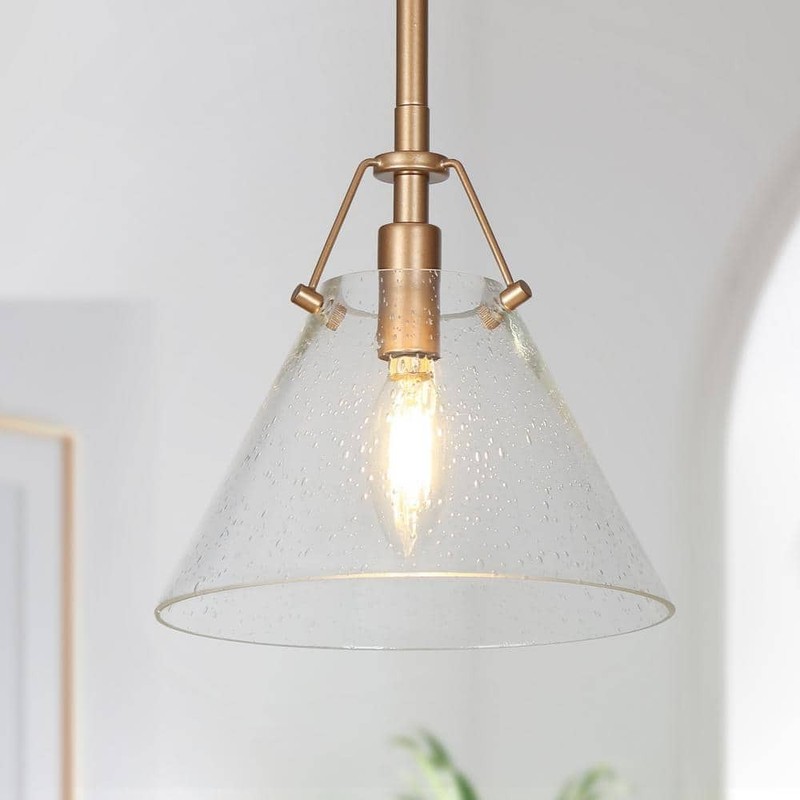 Uolfin Modern Mini Pendant Light, 1-Light Gold Pendant with Seeded Glass Shade