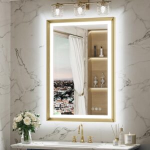KeonJinn 24x36 Framed LED Bathroom Vanity Mirror Gold Backlit Anti-Fog