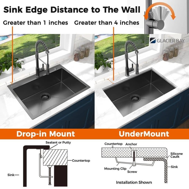 Glacier Bay 33" Drop-In Single Bowl 18 Gauge Gunmetal Black Stainless Steel Sink - Image 3