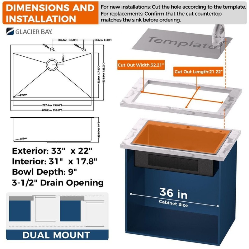 Glacier Bay 33" Drop-In Single Bowl 18 Gauge Gunmetal Black Stainless Steel Sink - Image 9