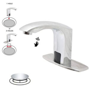 BWE Touchless Bathroom Sink Faucet Polished Chrome Deck Plate & Pop Up Drain
