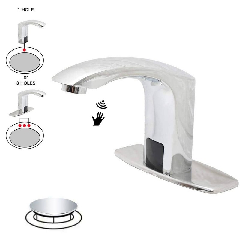 BWE Touchless Bathroom Sink Faucet Polished Chrome Deck Plate & Pop Up Drain
