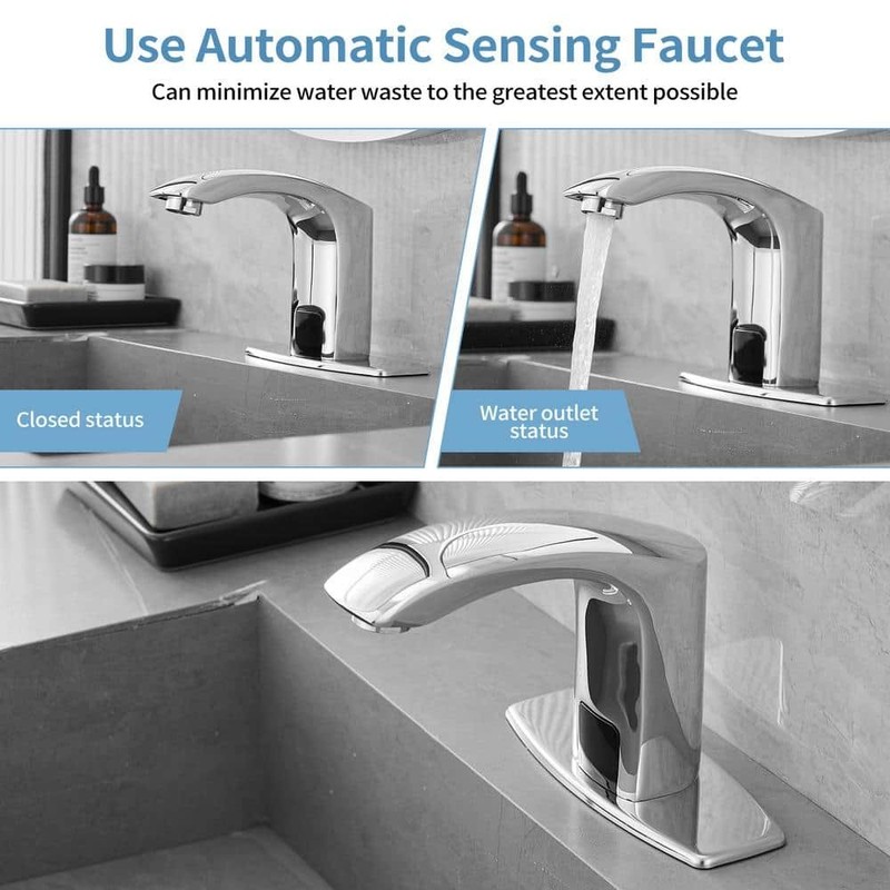 BWE Touchless Bathroom Sink Faucet Polished Chrome Deck Plate & Pop Up Drain - Image 1171