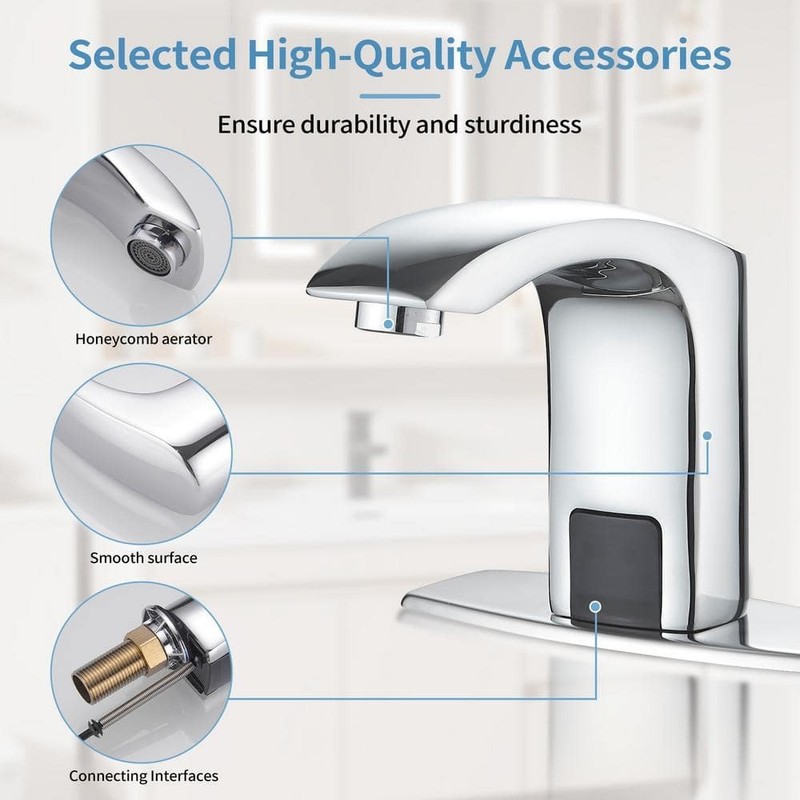 BWE Touchless Bathroom Sink Faucet Polished Chrome Deck Plate & Pop Up Drain - Image 1174