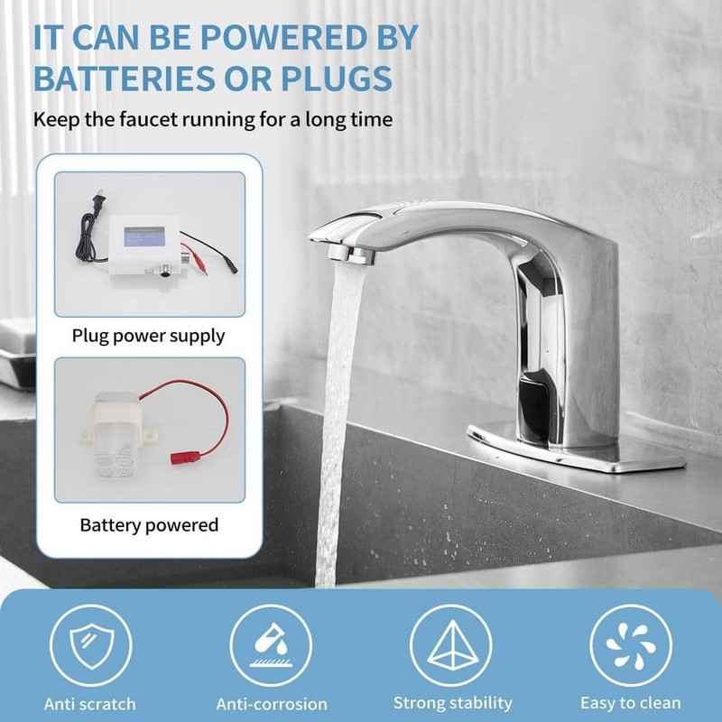 BWE Touchless Bathroom Sink Faucet Polished Chrome Deck Plate & Pop Up Drain - Image 1175