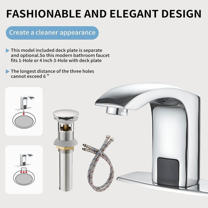 BWE Touchless Bathroom Sink Faucet Polished Chrome Deck Plate & Pop Up Drain - Image 1176