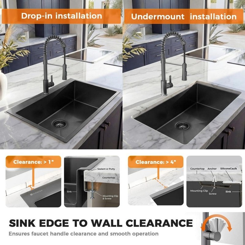 Glacier Bay 30" Drop-In Single Bowl 18 Gauge Gunmetal Black Stainless Steel Sink - Image 3