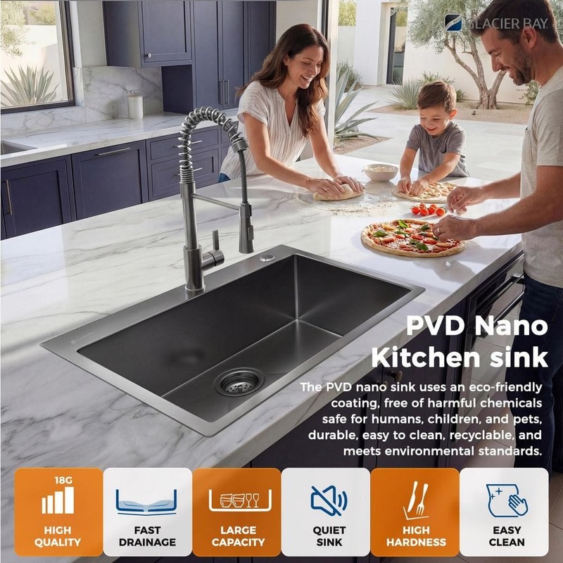 Glacier Bay 30" Drop-In Single Bowl 18 Gauge Gunmetal Black Stainless Steel Sink - Image 4