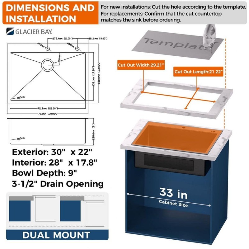 Glacier Bay 30" Drop-In Single Bowl 18 Gauge Gunmetal Black Stainless Steel Sink - Image 12
