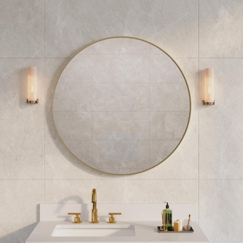 WELLFOR 32" W x 32" H Round Aluminum Wall-Mounted Bathroom Mirror Brushed Gold