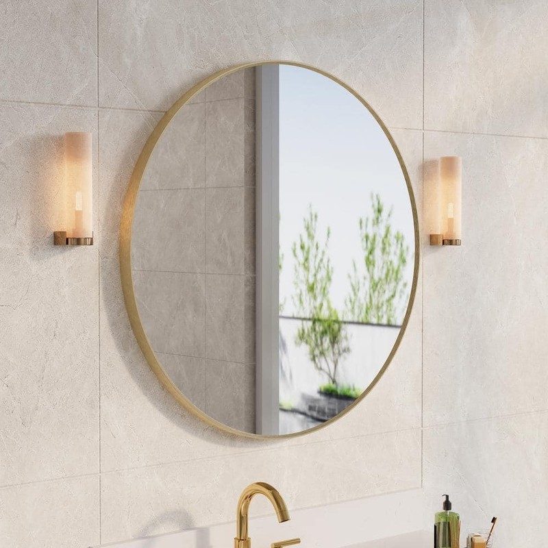WELLFOR 32" W x 32" H Round Aluminum Wall-Mounted Bathroom Mirror Brushed Gold - Image 2