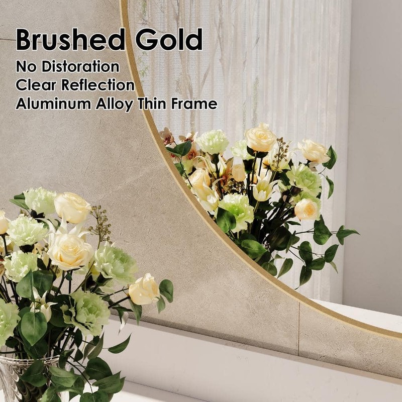 WELLFOR 32" W x 32" H Round Aluminum Wall-Mounted Bathroom Mirror Brushed Gold - Image 5