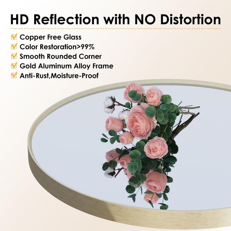 WELLFOR 32" W x 32" H Round Aluminum Wall-Mounted Bathroom Mirror Brushed Gold - Image 6
