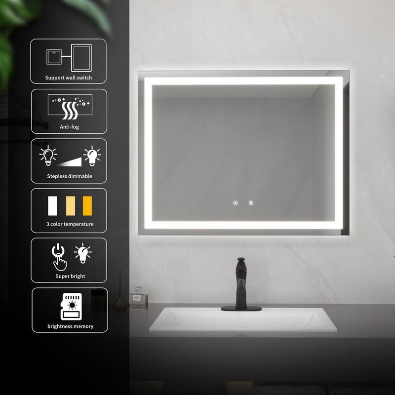 BWE 36" W x 28" H Frameless LED Anti-Fog Bathroom Vanity Mirror Super Bright - Image 3