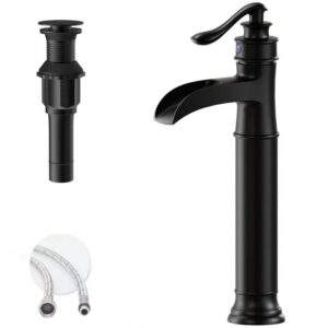 BWE Waterfall Single Hole Vessel Bathroom Faucet Matte Black with Drain Assembly