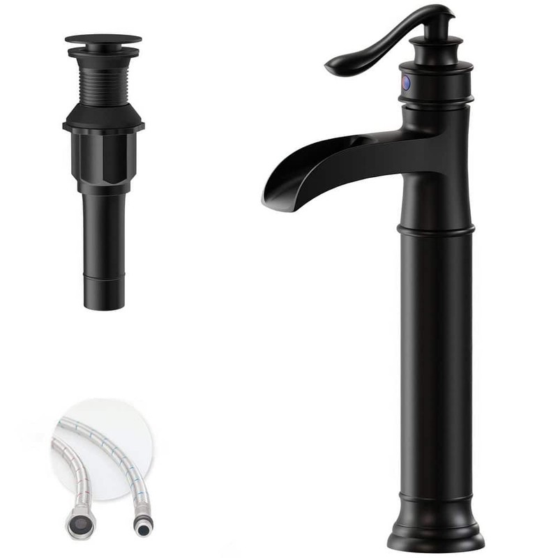 BWE Waterfall Single Hole Vessel Bathroom Faucet Matte Black with Drain Assembly