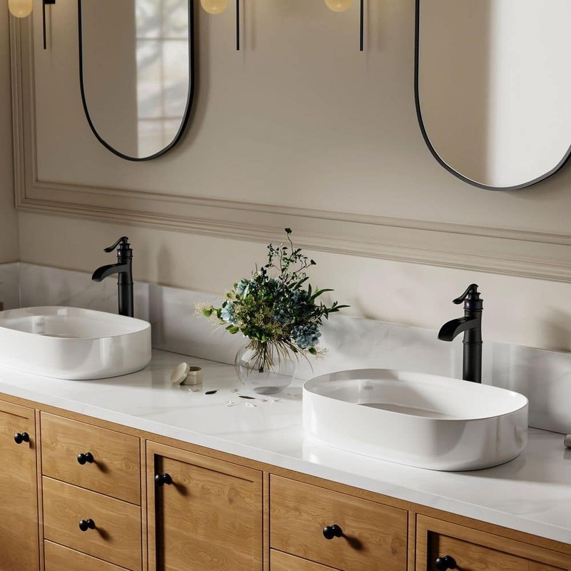 BWE Waterfall Single Hole Vessel Bathroom Faucet Matte Black with Drain Assembly - Image 14