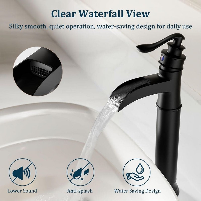 BWE Waterfall Single Hole Vessel Bathroom Faucet Matte Black with Drain Assembly - Image 15