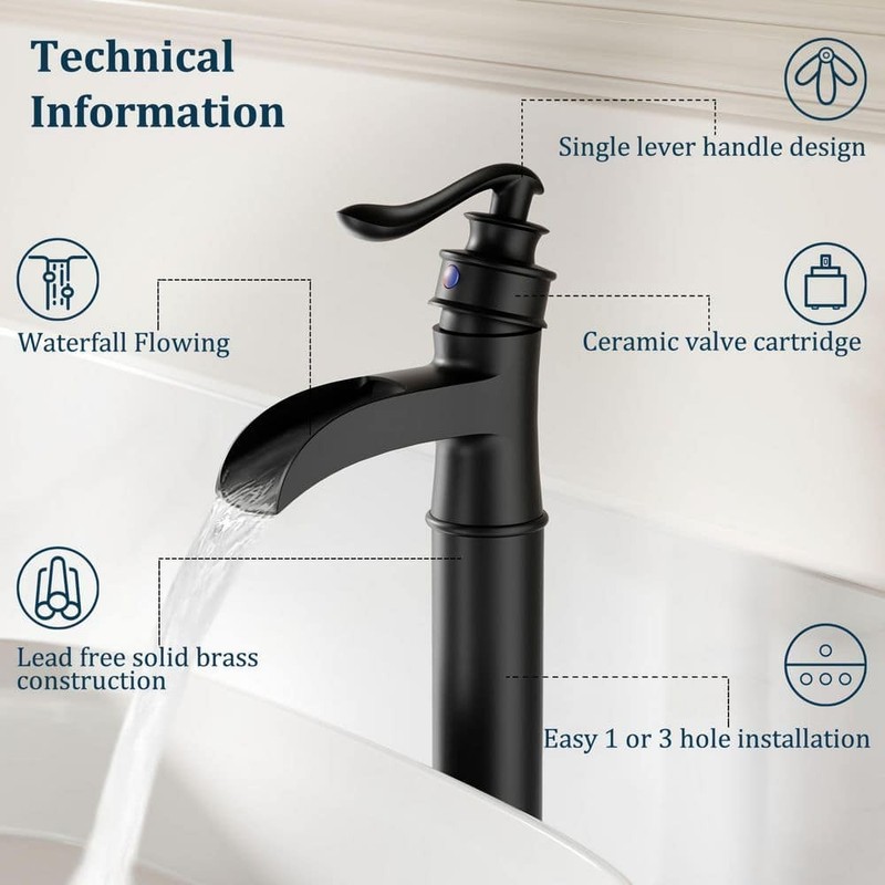 BWE Waterfall Single Hole Vessel Bathroom Faucet Matte Black with Drain Assembly - Image 16