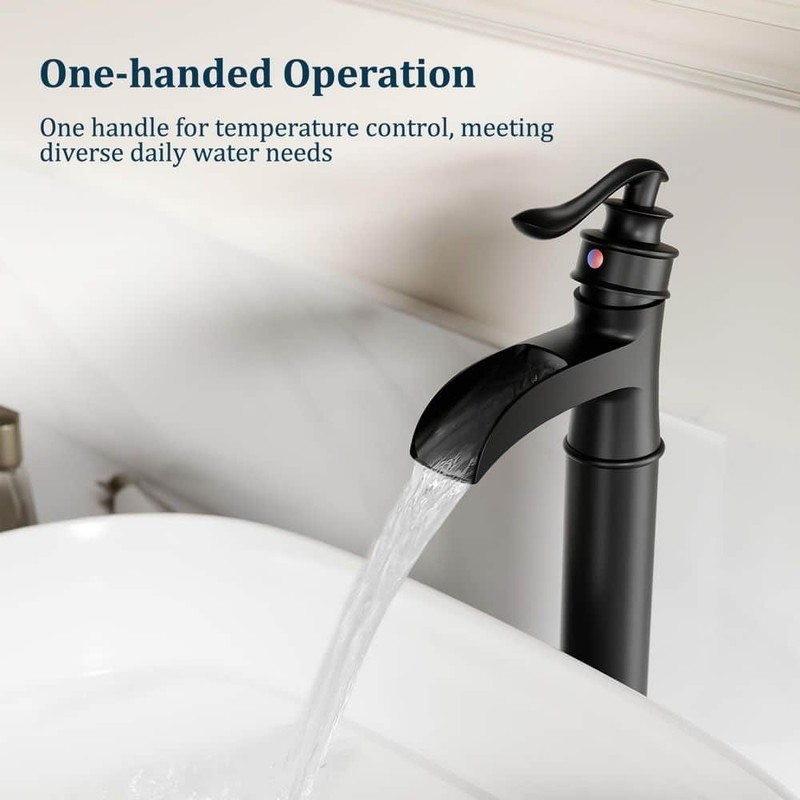 BWE Waterfall Single Hole Vessel Bathroom Faucet Matte Black with Drain Assembly - Image 17
