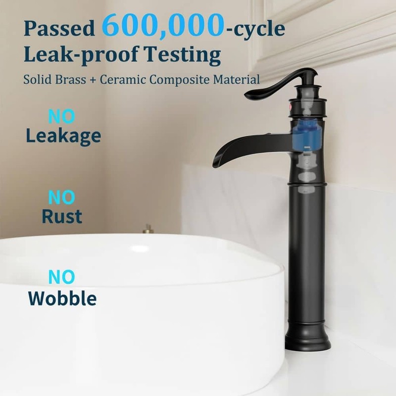 BWE Waterfall Single Hole Vessel Bathroom Faucet Matte Black with Drain Assembly - Image 19