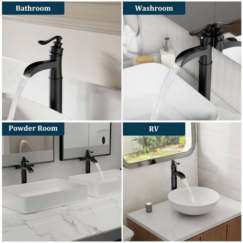 BWE Waterfall Single Hole Vessel Bathroom Faucet Matte Black with Drain Assembly - Image 20