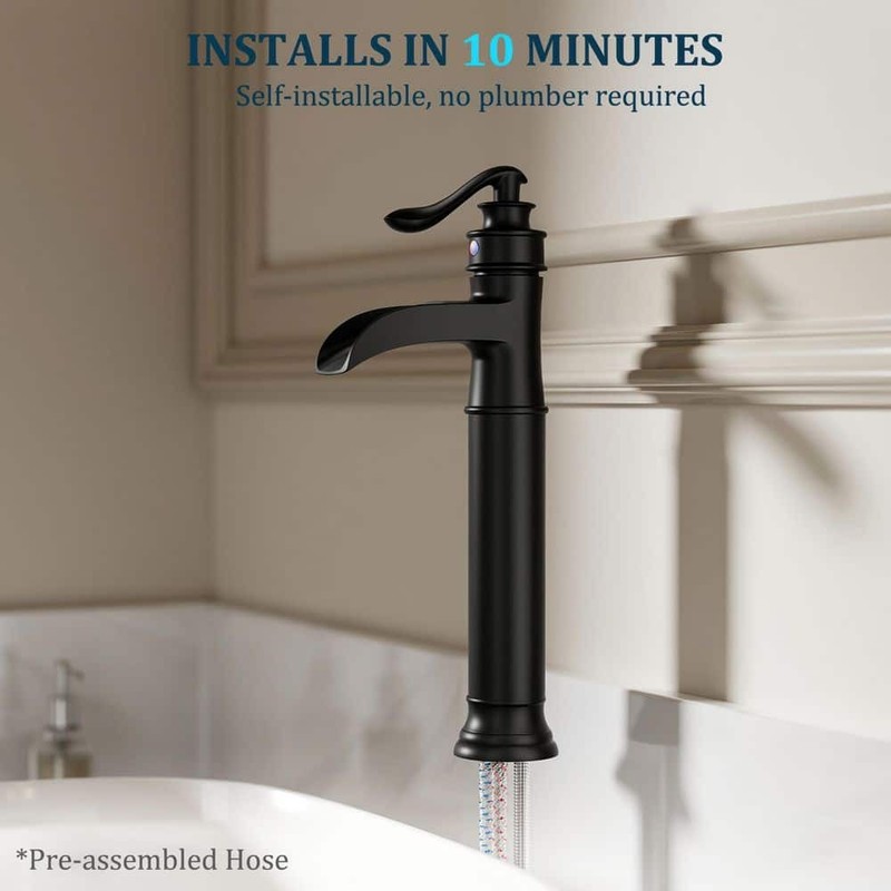 BWE Waterfall Single Hole Vessel Bathroom Faucet Matte Black with Drain Assembly - Image 21