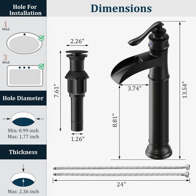 BWE Waterfall Single Hole Vessel Bathroom Faucet Matte Black with Drain Assembly - Image 22