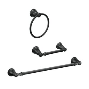 MOEN Banbury 3-Piece Bath Hardware Set Matte Black 24" Towel Bar, Holder, Ring